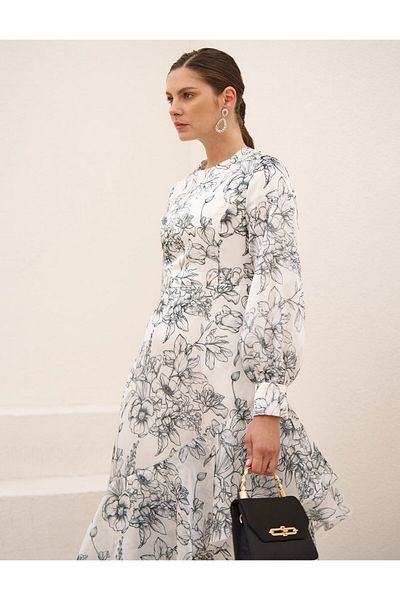 Kayra Floral Pattern Chiffon Dress Ecru