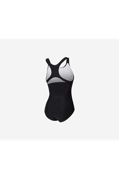 SPEEDO ملابس سباحة نسائية من قطعة واحدة بطبعة شعار، باللونين الأسود والأبيض