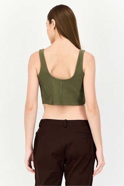 aerie Offline X Aerie Women U-Neck Sleeveless Textured Crop Tank Top, Dark Olive