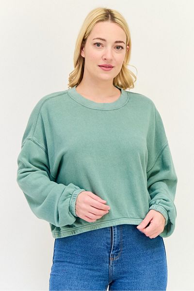 aerie Women Crew Neck Solid Long Sleeve Sweatshirt, Faded Green