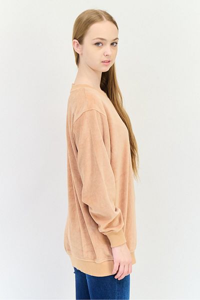 aerie Women Crew Neck Solid Velour Long Sleeve Sweatshirt, Brown