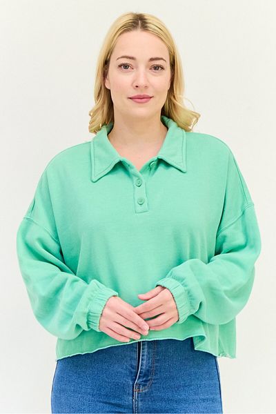 aerie Women Spread Collar Neck Solid Long Sleeves Sweatshirt, Green