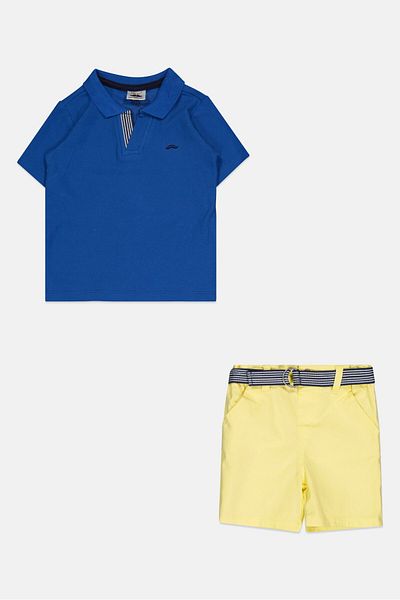 Fudo Toddlers Boy 2 Pcs Embroidered Logo Polo Shirt And Belted Shorts Set, Multicolor