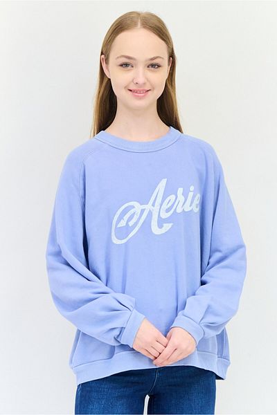 aerie Women Crew Neck Printed Long Sleeve Sweatshirt, Dusty Blue