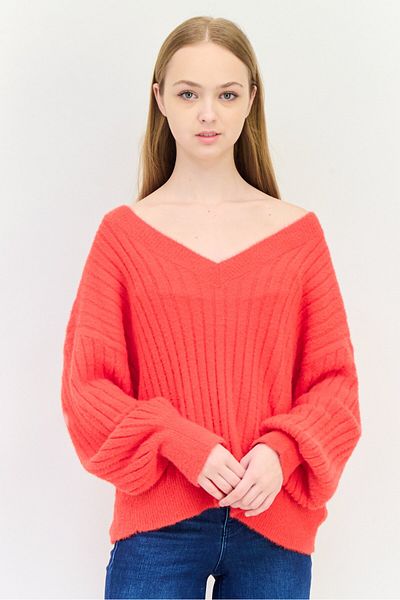 aerie Women V-Neck Knitted Sweater, Red