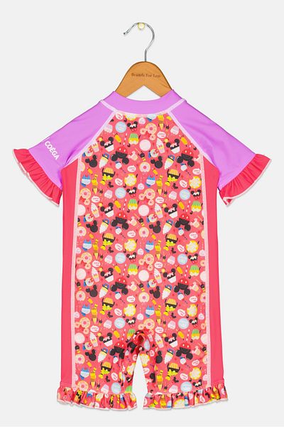 Coega Sunwear Toddlers Girl Allover Print Short Sleeve One Piece Swimwear, Pink/Purple Combo