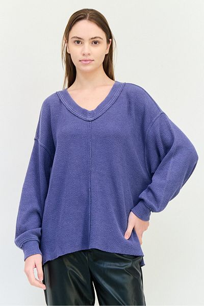 aerie Women V-Neck Textured Sweater, Slate Blue