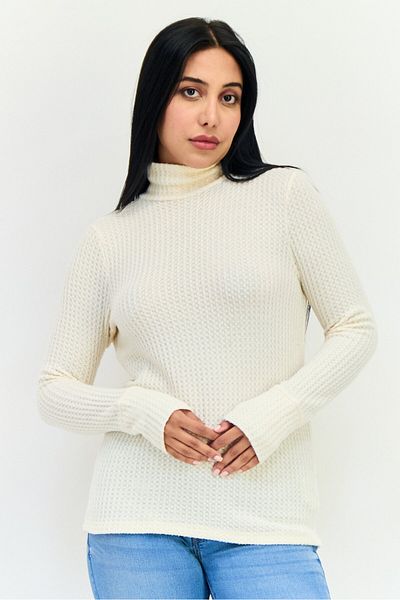 aerie Women Turtle Neck Textured Sweater, Cream