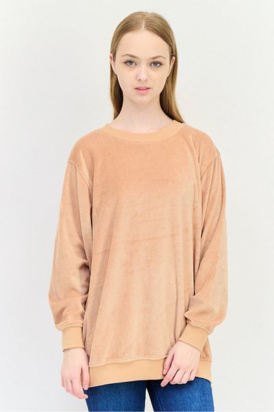 aerie Women Crew Neck Solid Velour Long Sleeve Sweatshirt, Brown