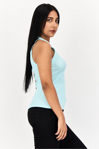 aerie Women U Neck Sleeveless Textured Tank Top, Mint Blue