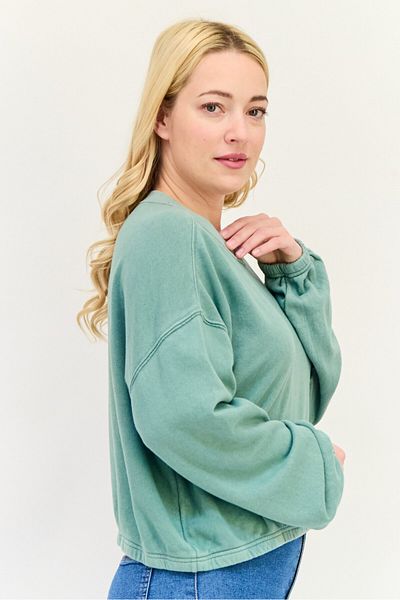 aerie Women Crew Neck Solid Long Sleeve Sweatshirt, Faded Green