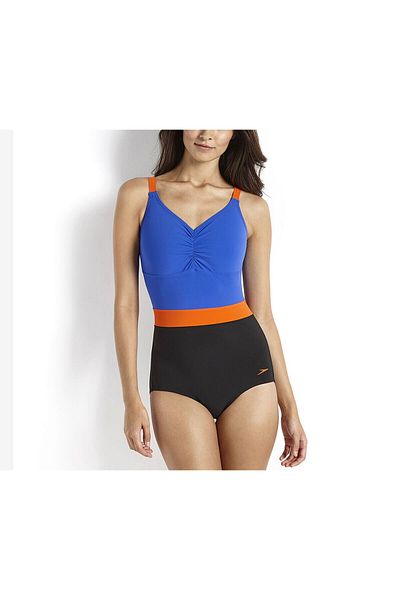 SPEEDO Women Sculpture Crystalshine Swimsuit, Black and Orange and Blue