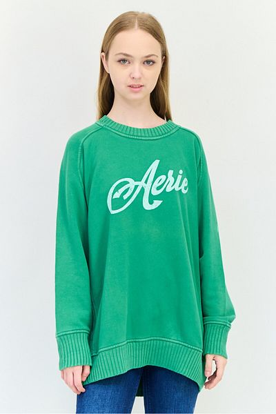 aerie Women Ribbed Collar Long Sleeves Brand Logo Sweatshirts, Green