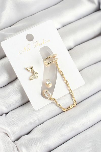 Clariss Brass Butterfly Figured Zircon Stone Gold Color 3-Piece Cartilage Women's Earring Set