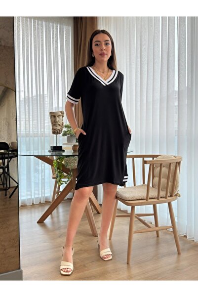 JANES Women's Short Sleeve V-Neck Rib Detailed Pocket Knee Length Viscose Dress