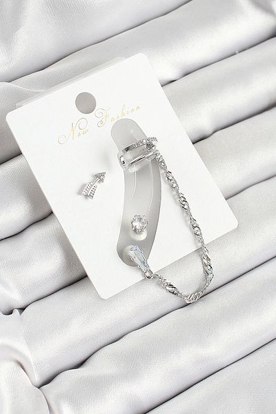 Clariss Brass Arrow Figured Zircon Stone Silver Color 3-Piece Cartilage Women's Earring Set