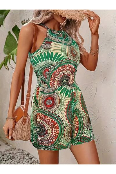 REKA MODA Women's Off Shoulder Neckline Tie Back Elastic Waist Patterned Single Jersey Short Jumpsuit