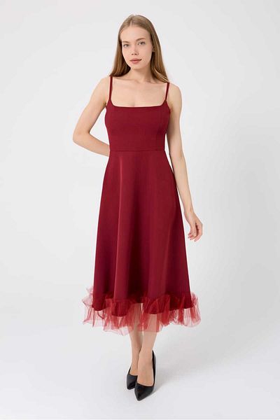 MODA DURAĞI Quality Premium Women's Skirt Tulle Detailed Strap Midi Length Evening Dress Premium Dress
