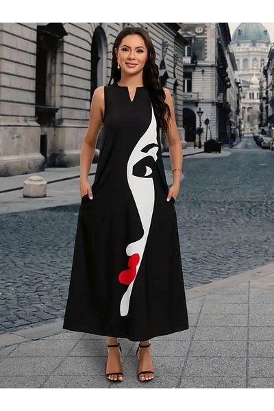JANES Women's Zero Sleeve V Neck Women's Face Pattern Single Jersey Dress