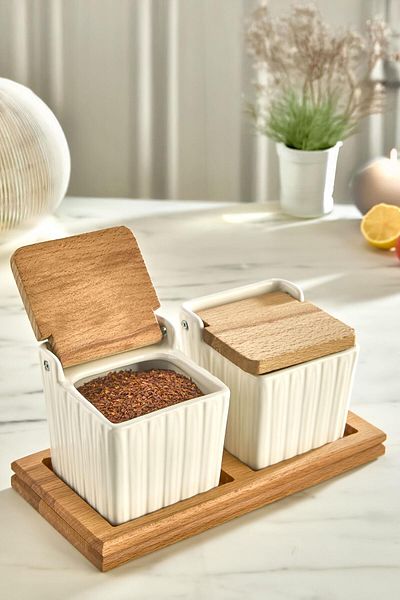 İLİVA 2' Salt, Pepper, Spice Storage Container - Luxury Salt Container Spice Rack with Wooden Stand