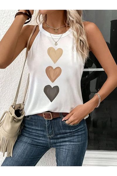 modaserdem Women's Off The Shoulders Off The Neck Straps Heart Printed Viscose Blouse