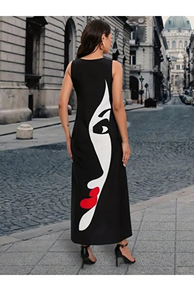JANES Γυναικείο φόρεμα με μονόχρωμο μοτίβο προσώπου με μηδενικό μανίκι V λαιμ...