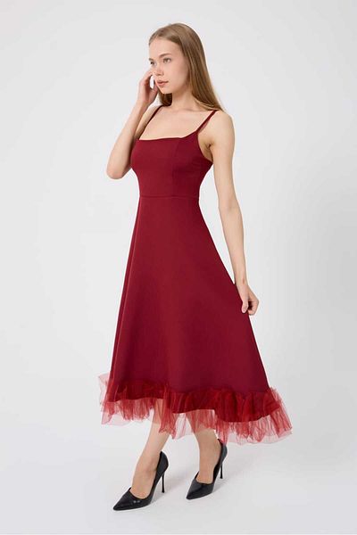 MODA DURAĞI Quality Premium Women's Skirt Tulle Detailed Strap Midi Length Evening Dress Premium Dress