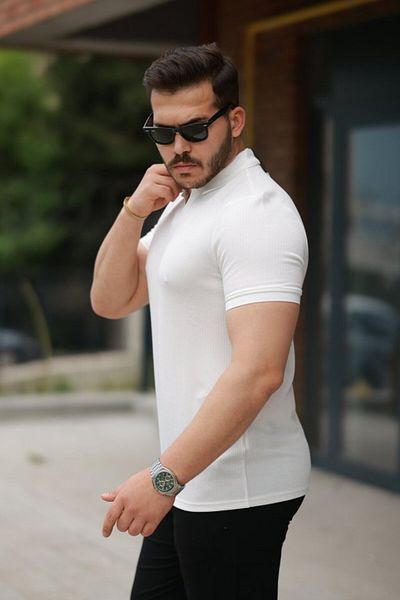 modaserdem Men's Collared Waffle Textured Short Sleeve T-Shirt