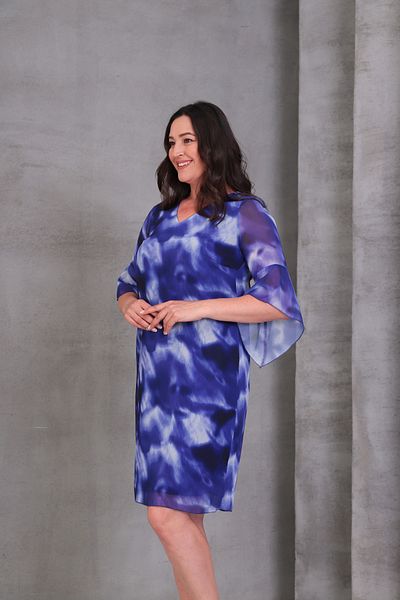 Mezure Patterned Chiffon Dress Large Size Back Zipper