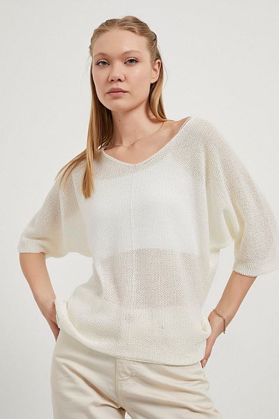 Arma Life Women's Casual Summer Bat Sleeve Loose V-Neck Ecru Blouse