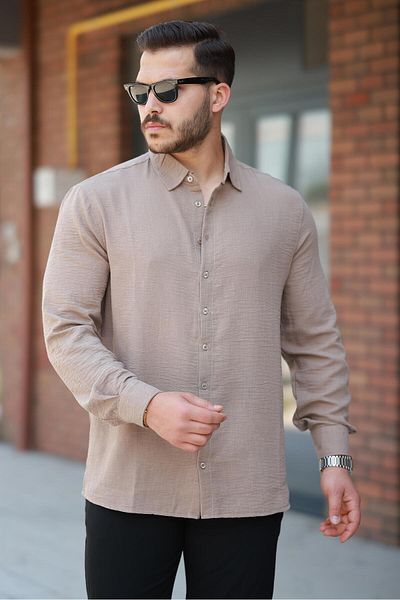 Miron Cămașă Camel dreaptă cu mânecă lungă, cu croiala normală - 2526