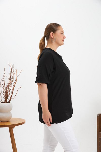 RMG Flounced V-Neck Short Sleeve Women's Blouse Black