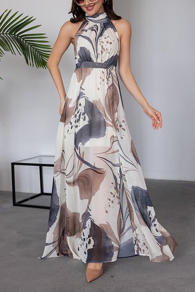 XXL BUTİK Rochie din șifon cu imprimeu fără mâneci căptușită pentru femei X-NBMY3242