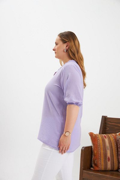 RMG Flounced V-Neck Short Sleeve Women's Blouse Lilac