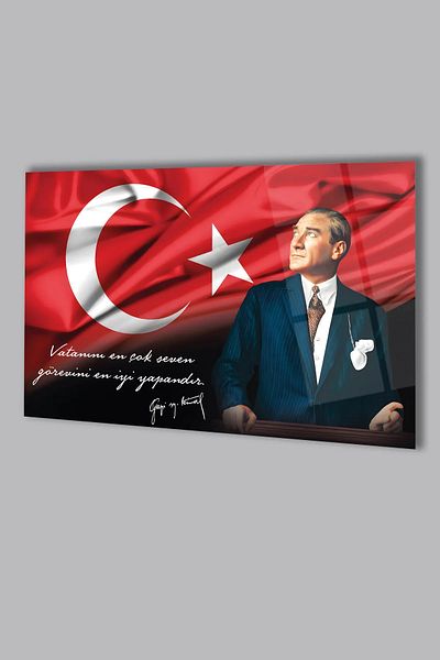 idealizbiz Ataturk Portrait and Turkish Flag Is the Best Duty That Loves the Homeland the Most Glass Painting, Gift