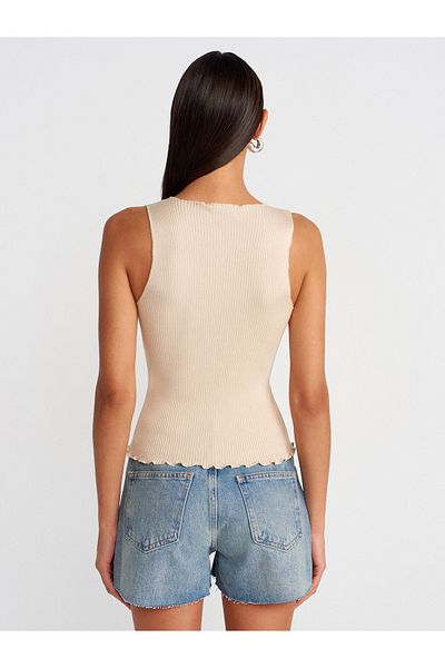 Dilvin 60972 Ribbed Buttoned Thin Knitwear Vest-Beige