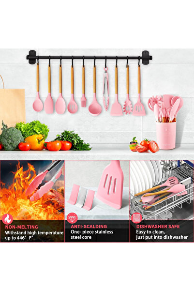 Primo Plus 11-Piece Barreled Cooking Utensils Set With Wooden Handle Pink/Brown