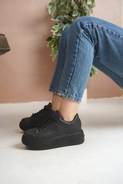 Siyah Yüksek Tabanlı Kadın Günlük Sneaker, Yürüyüş Spor Ayakkabı