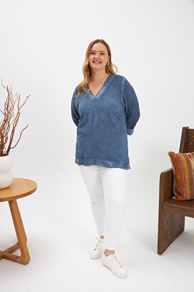 RMG Büyük Beden Pul Payet Detay Bluz İndigo