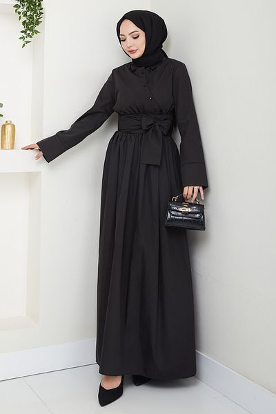 InStyle Asymmetric Button Detailed Black Dress