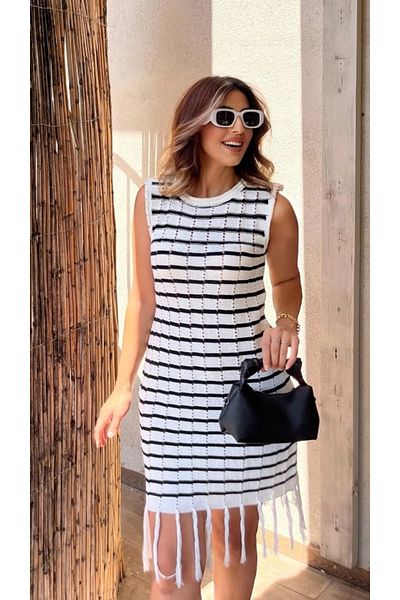 nedo7 Women's Sleeveless V-Neck Skirt Tasseled Line Pattern Knitwear Dress