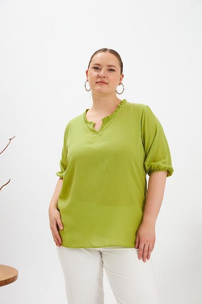 RMG Flounced V-Neck Short Sleeve Women's Blouse Oliv