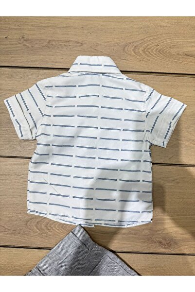 titimix Tela Kids Baby Boy Set 2 Pcs 9/24 Months Range Shirt Cream Color Back Blue Striped Collar Blue
