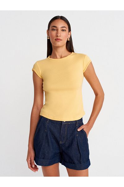 Dilvin 31779 Crew Neck Basic T-Shirt-Yellow