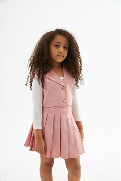 Marka Sensin Kids Girl's Special Design Fabric Covered Button Detailed Padded Vest White Badi Pleated Skirt 3-Piece Set