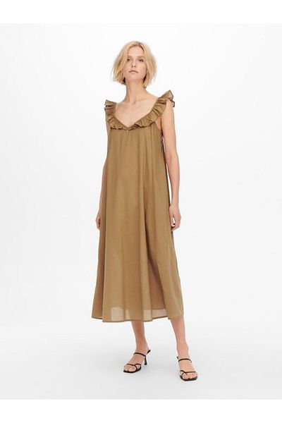 ONLY Allie Strap Above Loose Cotton Dress with Ruffles at the Neckline, Brown, S