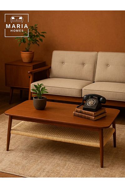 MARIA HOMES Modern Rectangular Center Table with Wooden Top and Woven Storage Shelf – Walnut Finish