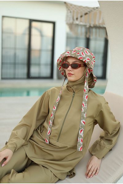HEQA بدلة سباحة بأكمام واسعة بلون طيني فاتح