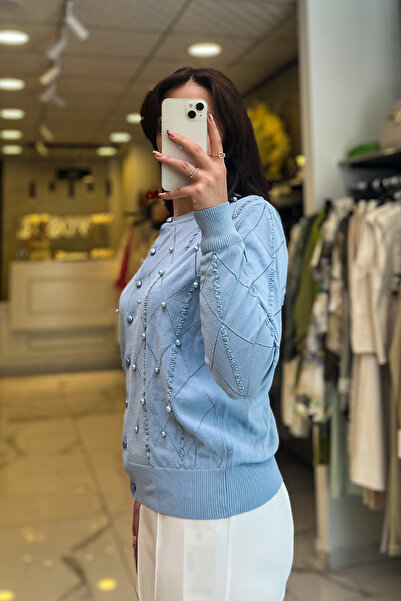 Vosse On Fashıon Mavi İnci Detaylı Merserize Hırka