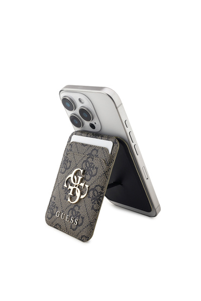 Guess Licensed Pu Leather 4g Pattern Metal Large 4g and Stand Magnetic Card Holder with Text Logo Brown